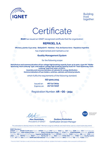 REPROEL Certificado de Sistemas de gestión IQNet ISO 9001:2015
