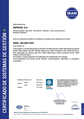 REPROEL Certificado de Sistemas de gestión IRAM ISO 9001:2015